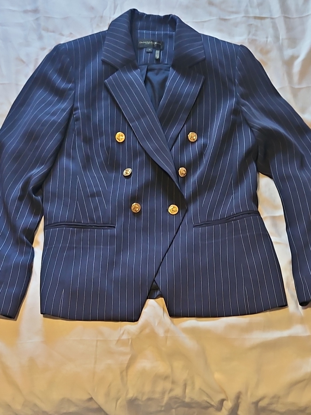 Donna Karan Navy Pinstripe Double-Breasted Blazer with Gold Buttons